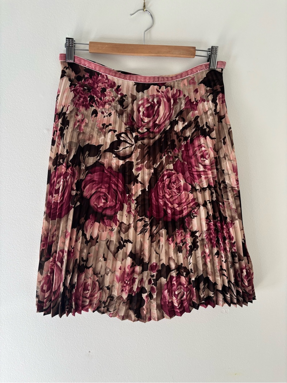 Vintage Pleated Floral Midi Skirt - Pink Rose